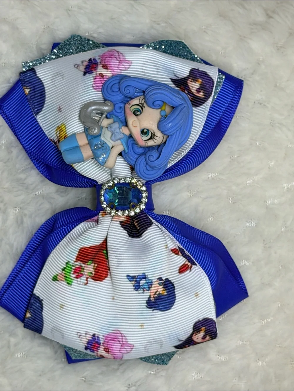 Blue Cartoon Character Hair Bow with Jewel Accent